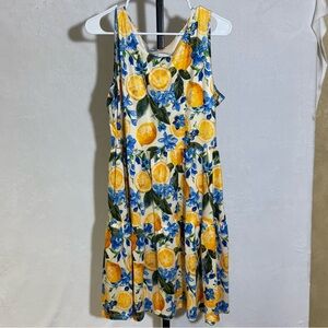 European Sleeveless Lemon Print Cotton Sundress - Yellow & Blue Large